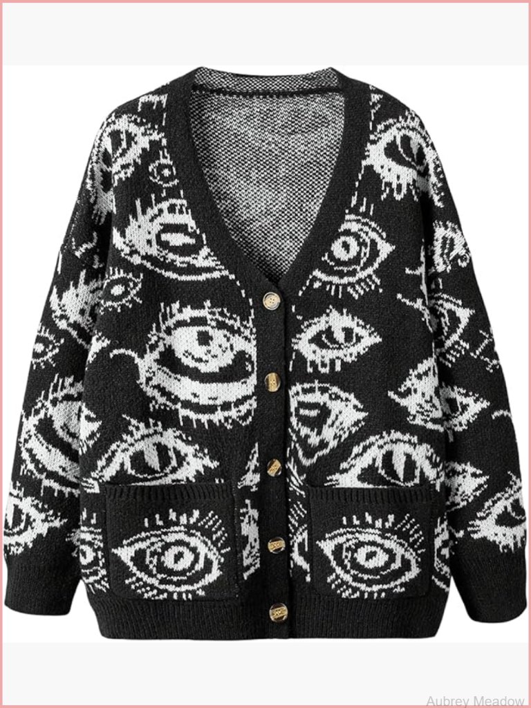 Plus Size Eye Print Button Down Cardigan Grunge Punk Sweater Outerwear